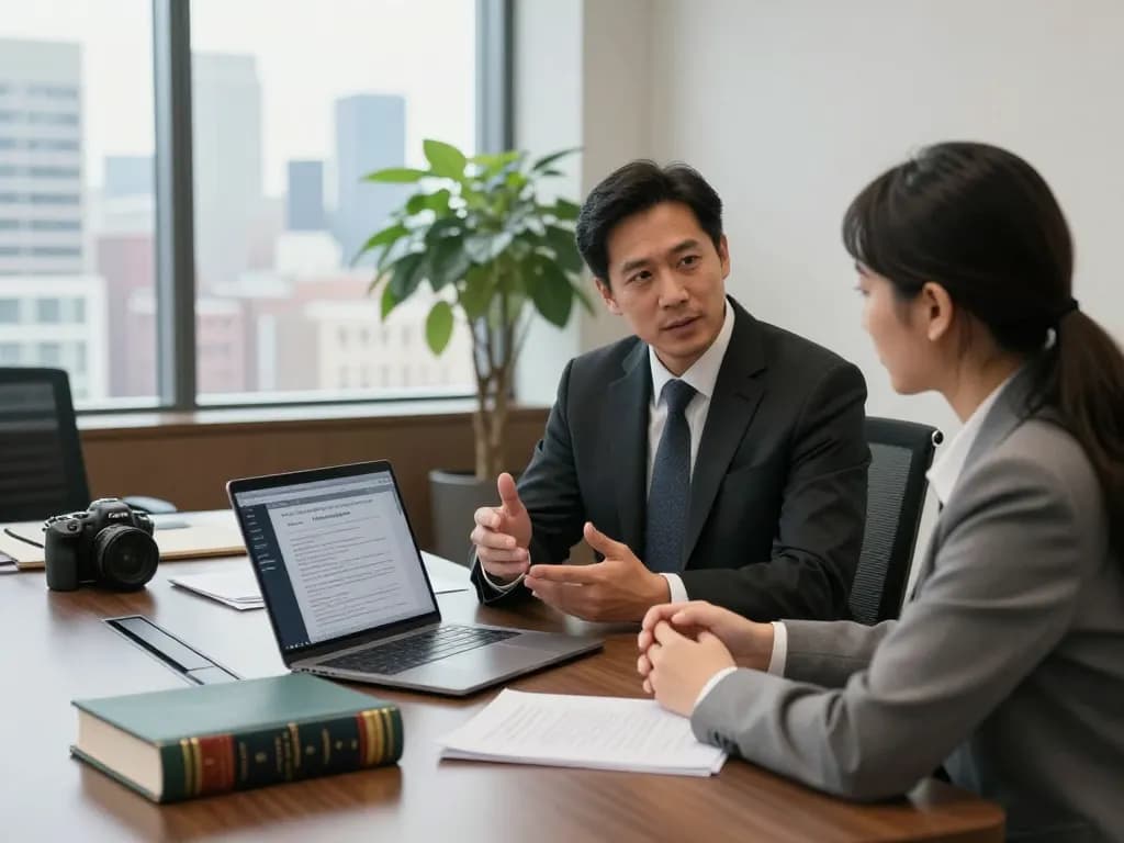 New York City Personal Injury Lawyer consulting with a client in a bright modern office, emphasizing accessibility and trust.