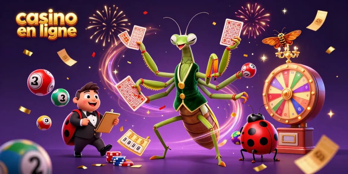 Jouer à casino en ligne avec un mante religieuse et un gérant coccinelle entouré de boules de loterie colorées.