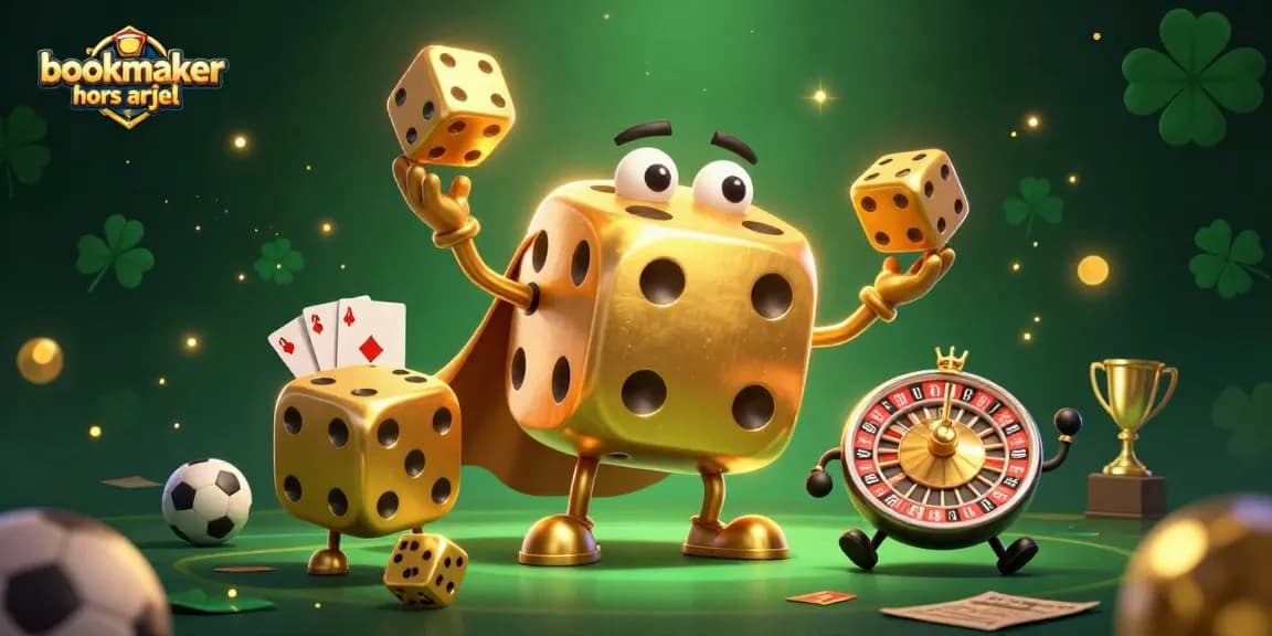 Découvrez bookmaker hors ARJEL avec des éléments de paris sportifs animés et dynamiques dans une scène riche.