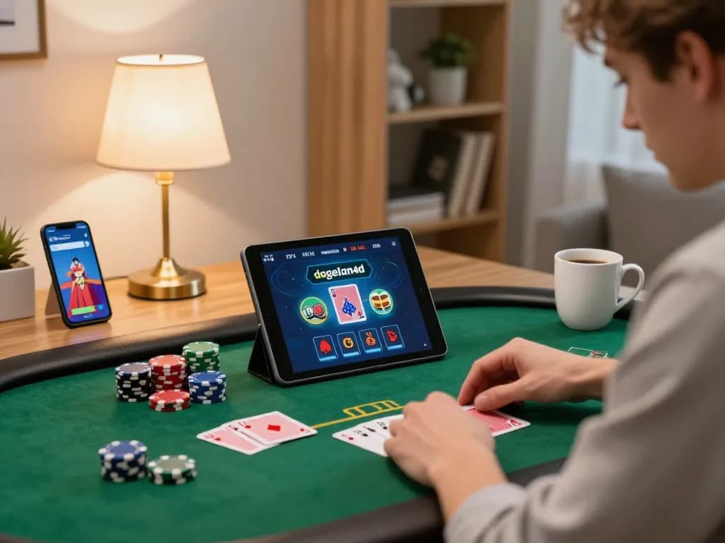 Engaging in dagelan4d online poker at a cozy home desk with colorful chips and tablet