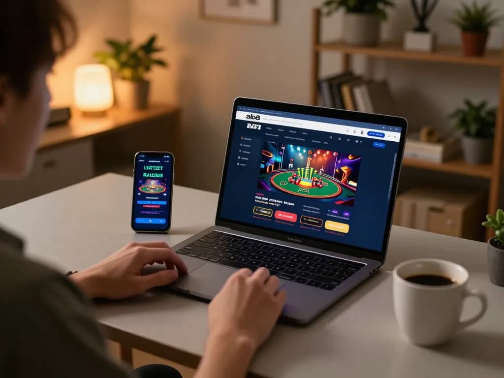 Person engaging with alo8 online casino on laptop while using smartphone for live updates in a cozy environment