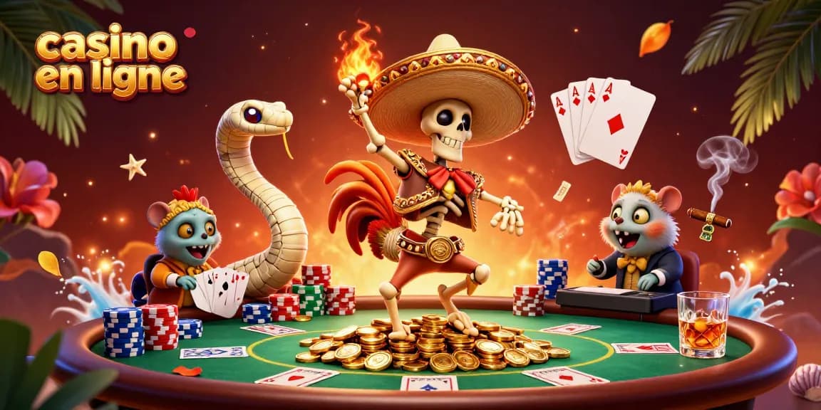 Illustration vibrant montrant un casino en ligne animé avec un perroquet mariachi dansant sur des pièces d'or.