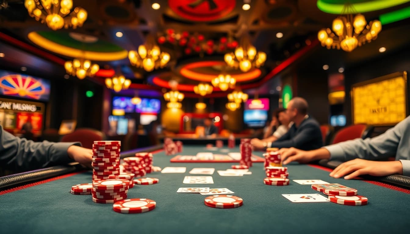 Engaging scene of Online casino Uk with vibrant gaming activity and luxurious atmosphere.