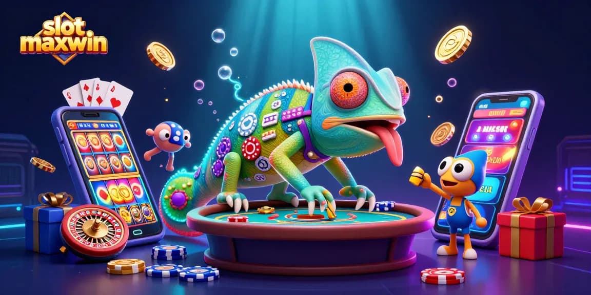 Experience the thrill of slot maxwin with a dynamic 3D casino scene featuring a chameleon owner amidst coins and vibrant games.