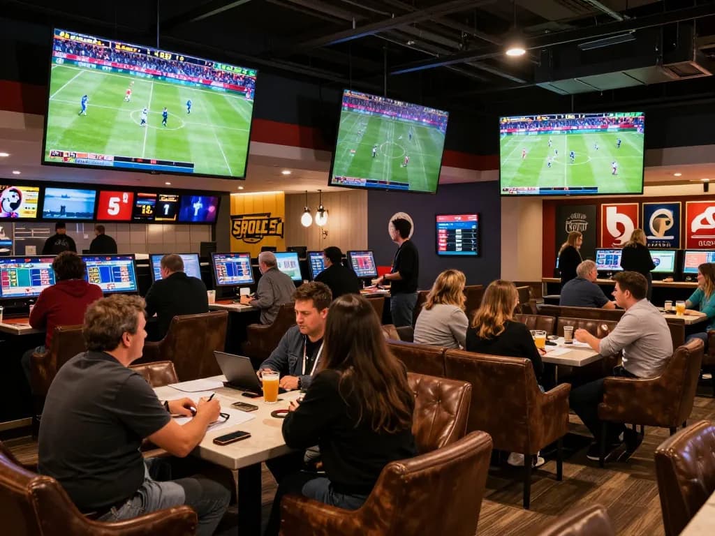 Patrons engaging in sports betting at 28bet8 in a lively lounge, showcasing excitement and strategy