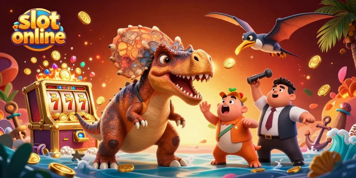 Permainan slot online seru dengan mesin slot dan karakter dino beraksi di kasino.