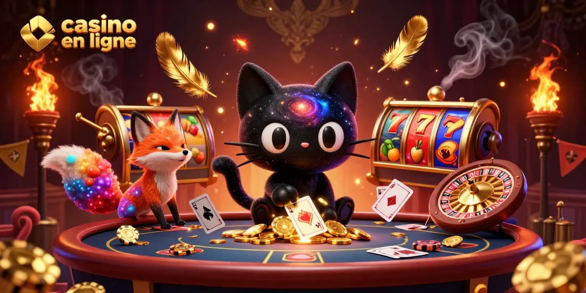 Immersion dans le casino en ligne avec un chat noir gravitationnel et un renard nébuleux entourés de jetons d'or et de roulettes.