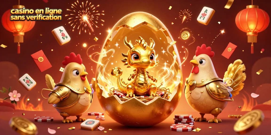 Profitez du casino en ligne sans vérification avec une illustration colorée et festive de dragons et de jetons.