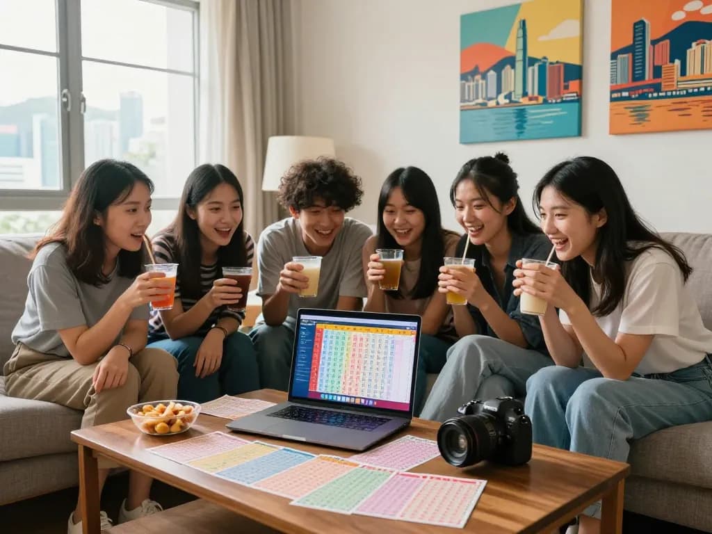Friends celebrating HK lottery results while analyzing live draw data together in a cozy living room.