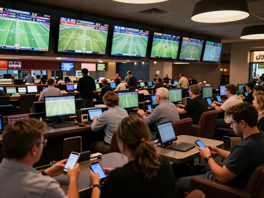 Sin88 sports betting area with guests using smartphones to place bets on live games.