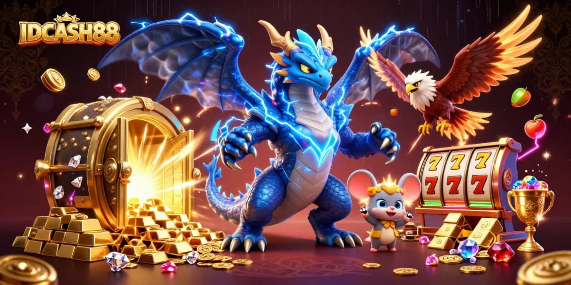 Experience the thrill of IDCASH88 with electrifying casino excitement, featuring vibrant characters and dynamic game elements.
