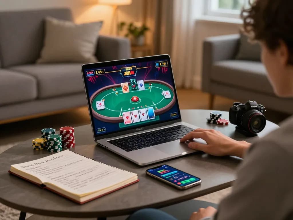 Engaging with sky88 online casino gaming on a laptop, showcasing vibrant poker action and strategic notes.