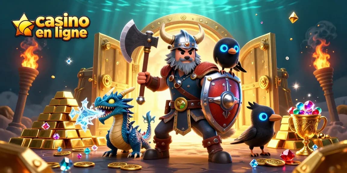 Vivez l'expérience excitante du casino en ligne avec un guerrier viking et un dragon dans un décor riche en trésors.