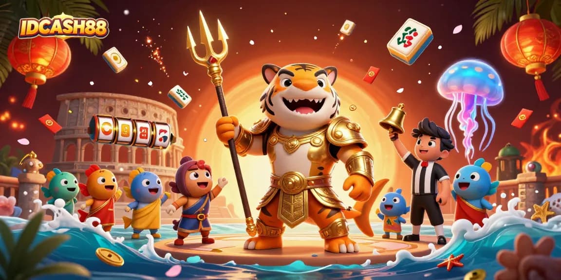 Experience thrilling gameplay with IDCASH88 featuring a gladiator tiger shark in a vibrant casino scene.