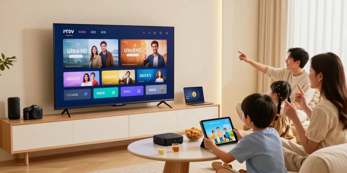 Test iptv 24h avec une famille regardant la télévision en ultra HD dans leur salon, ambiance chaleureuse.