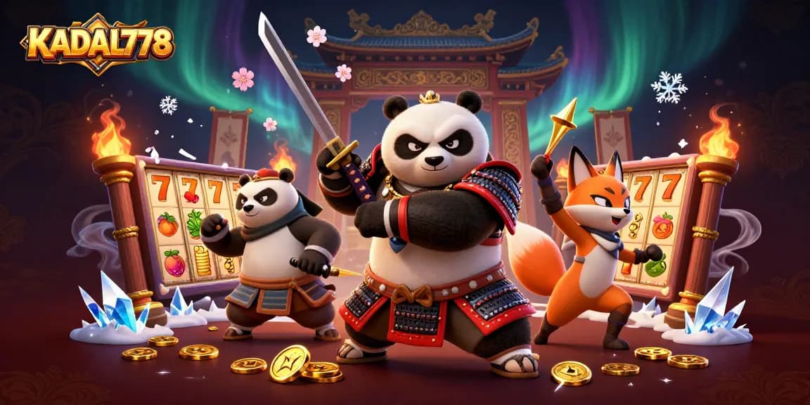 KADAL778 slot gaming scene featuring samurai panda, ninja fox, and tanuki amidst vibrant casino elements