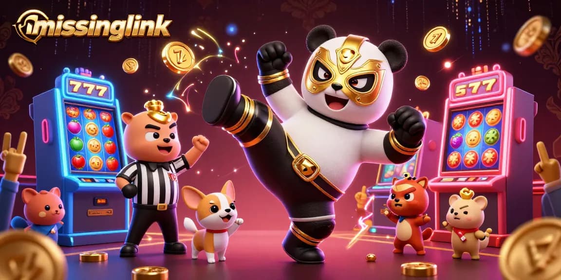 Experience gaming excitement with missinglink, featuring a panda wrestler and dynamic slot machines.
