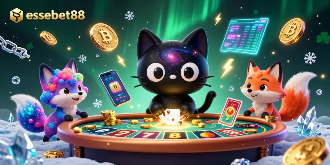 Engage with essebet88's cosmic casino scene, where the black hole cat attracts chips and cards.