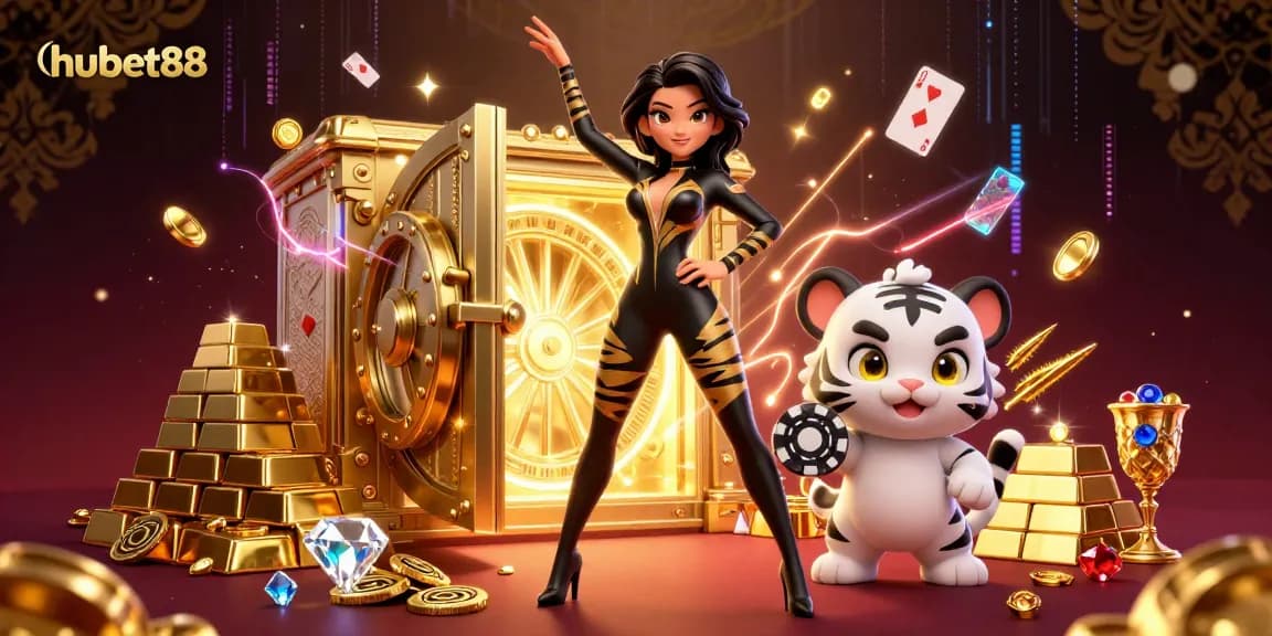 Engage with hubet88's vibrant casino scene featuring a dynamic woman and playful tiger amidst gold treasures.