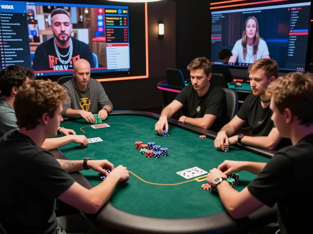Players engaged in strategic poker at Vmax ok online casino, showcasing vibrant gameplay with digital interaction.
