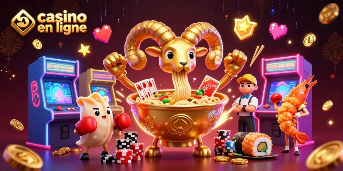 Un casino en ligne animé avec un bol de ramen géant en 3D, des machines de jeux colorées et des éléments de casino dynamiques.
