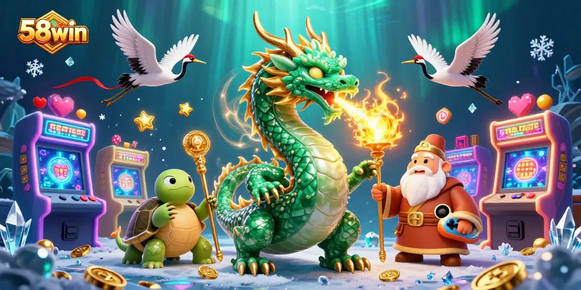 Experience thrilling gameplay at 58win with a vibrant 3D fantasy casino illustration.