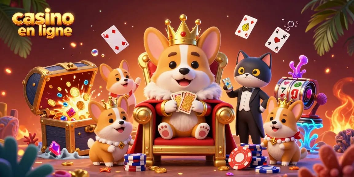 Illustration amusante de casino en ligne avec un corgi royal et des éléments de jeu captivants