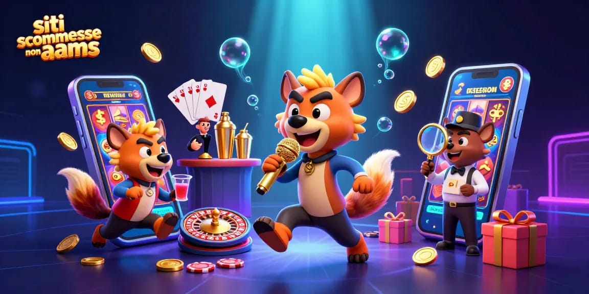 Scommetti nei migliori siti scommesse non AAMS con un'illustrazione di un casinò comico con iene e giochi d'azzardo.