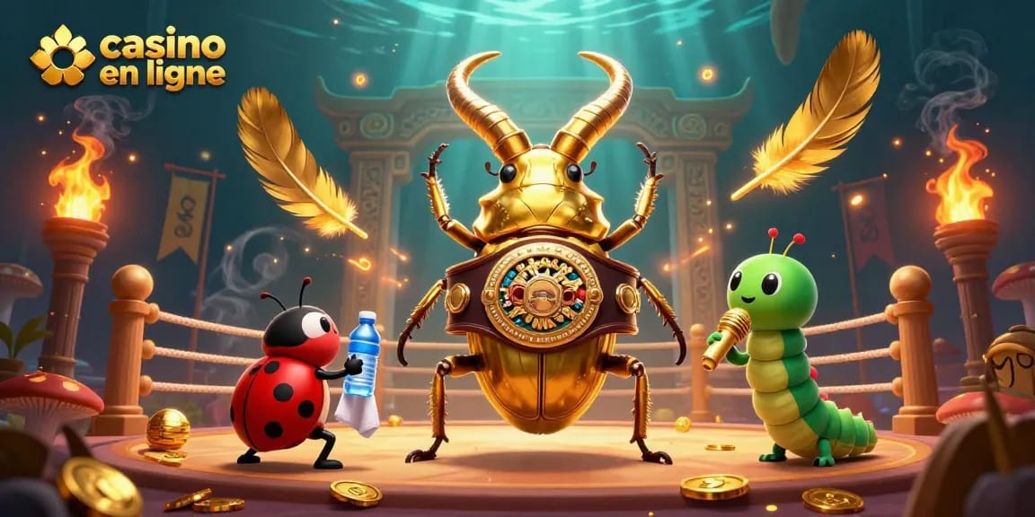 Capturant l'énergie du casino en ligne, ce visuel dynamique présente des personnages animés dans une arène de jeux.