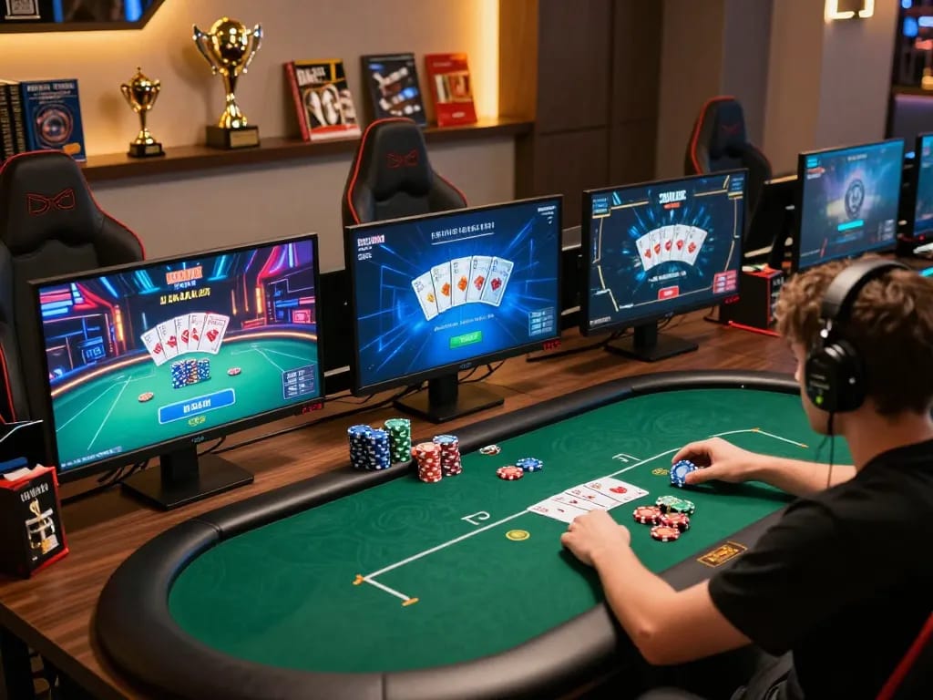 Person gaming online at home with multiple screens, showcasing nhacaiuytinn strategy and excitement.