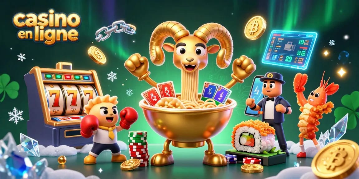 Visuel dynamique du casino en ligne avec un bol de ramen géant et des éléments de jeu.