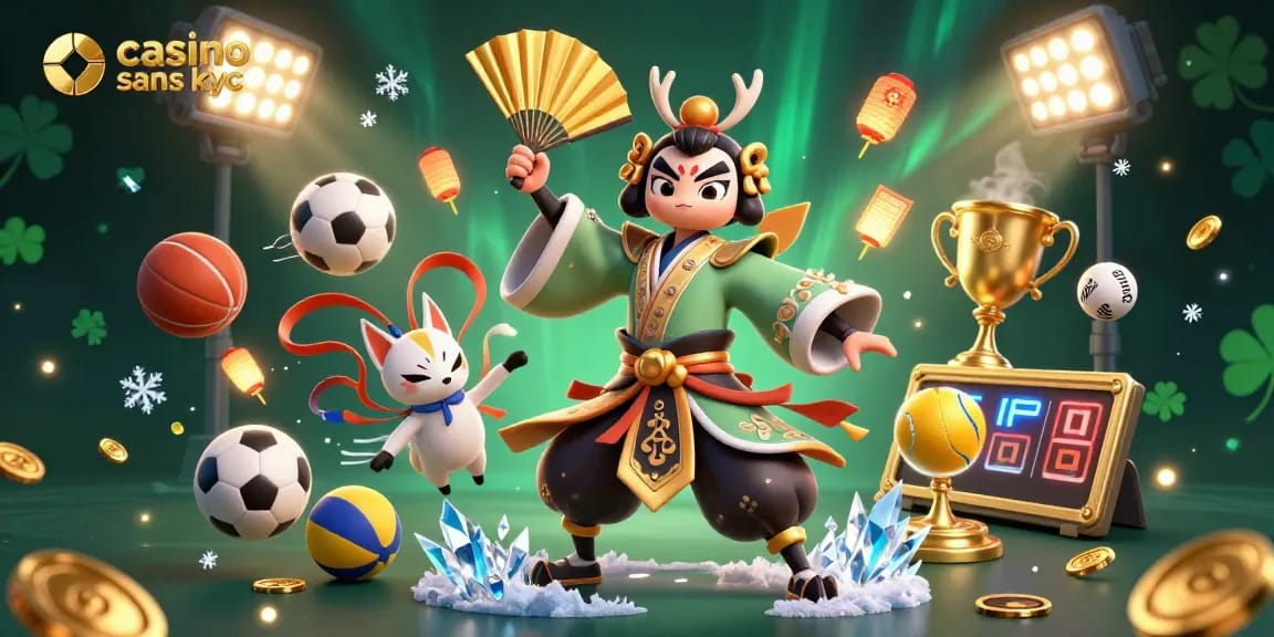 Participer à des jeux au casino sans KYC, illustré par un kabuki et des éléments de jeu.