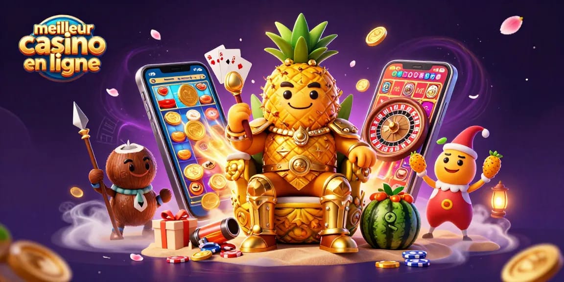 Meilleur casino en ligne illustré par un roi ananas en 3D entouré d'éléments de jeu captivants.