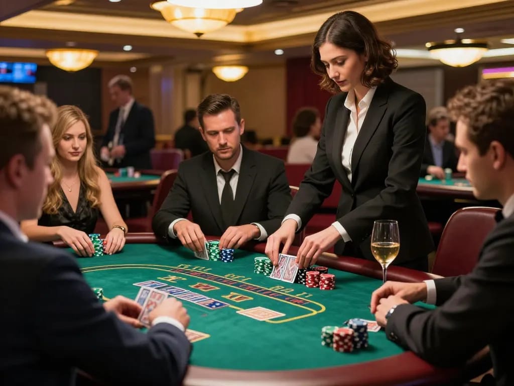 Engaged players at a blackjack table strategizing for a potential superjp win in a lively casino.