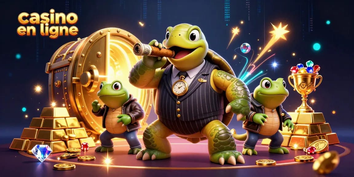 Casino en ligne : Une illustration qui capture l'excitation des jeux avec une ambiance colorée et des personnages animés.