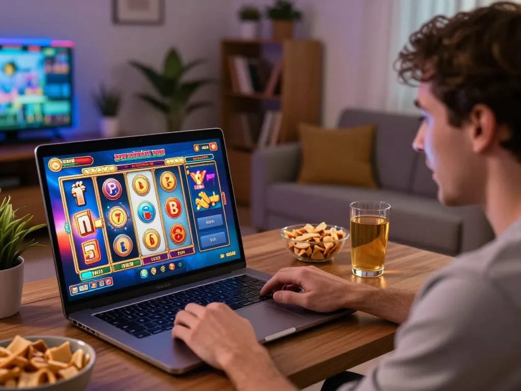 Player enjoying slots not on Gamstop during a home gaming session, showcasing vibrant graphics and excitement