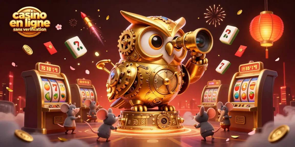 Une scène animée de casino en ligne sans vérification avec une chouette mécanique dorée et des souris entre les machines à sous.