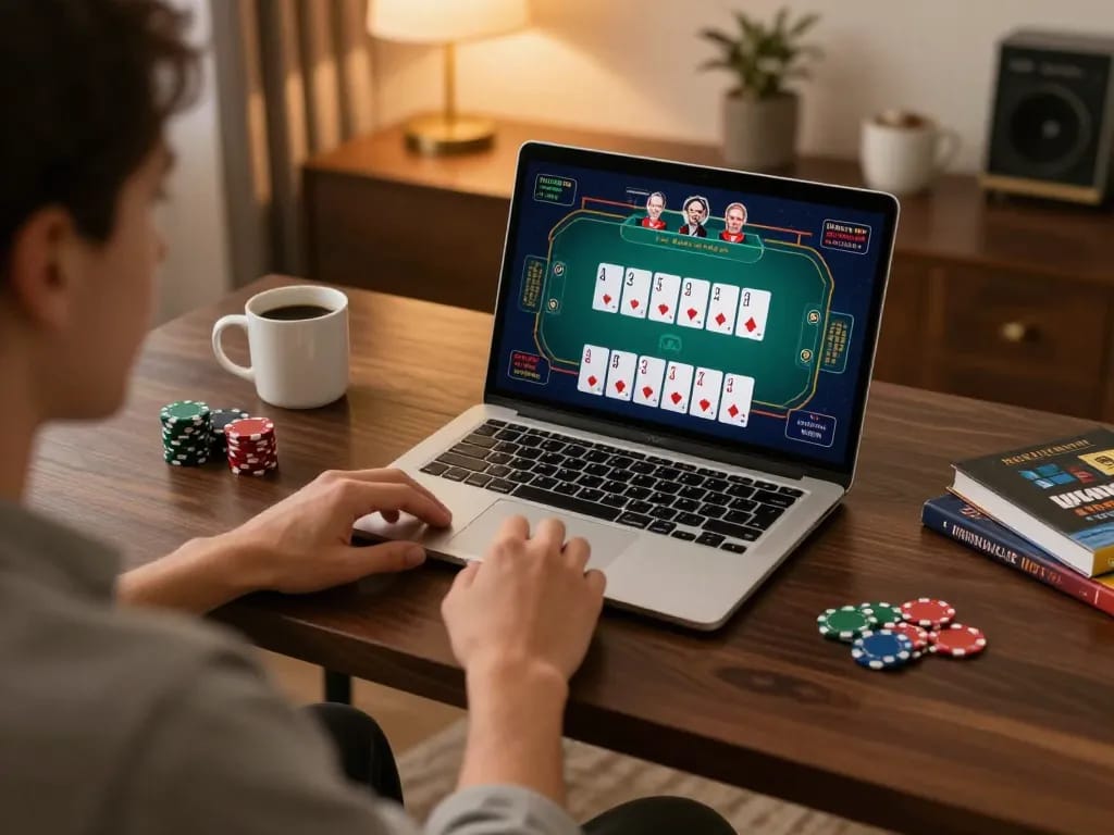Sunwin online poker gameplay on a laptop from a cozy home setting, showcasing strategy and engagement.