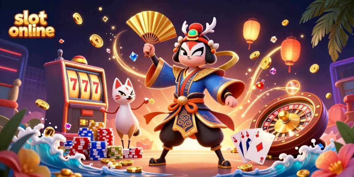 Putaran slot online dengan simbol keberuntungan dan karakter kartun menarik di latar belakang kasino.