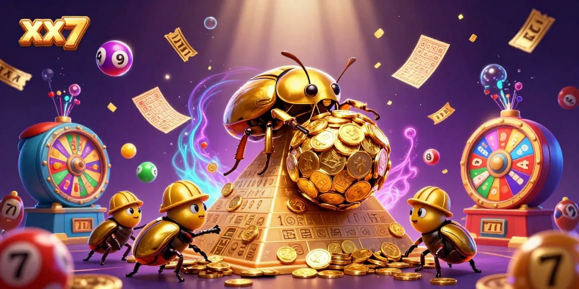 Spin to win with xx7-themed golden beetles and vibrant casino elements