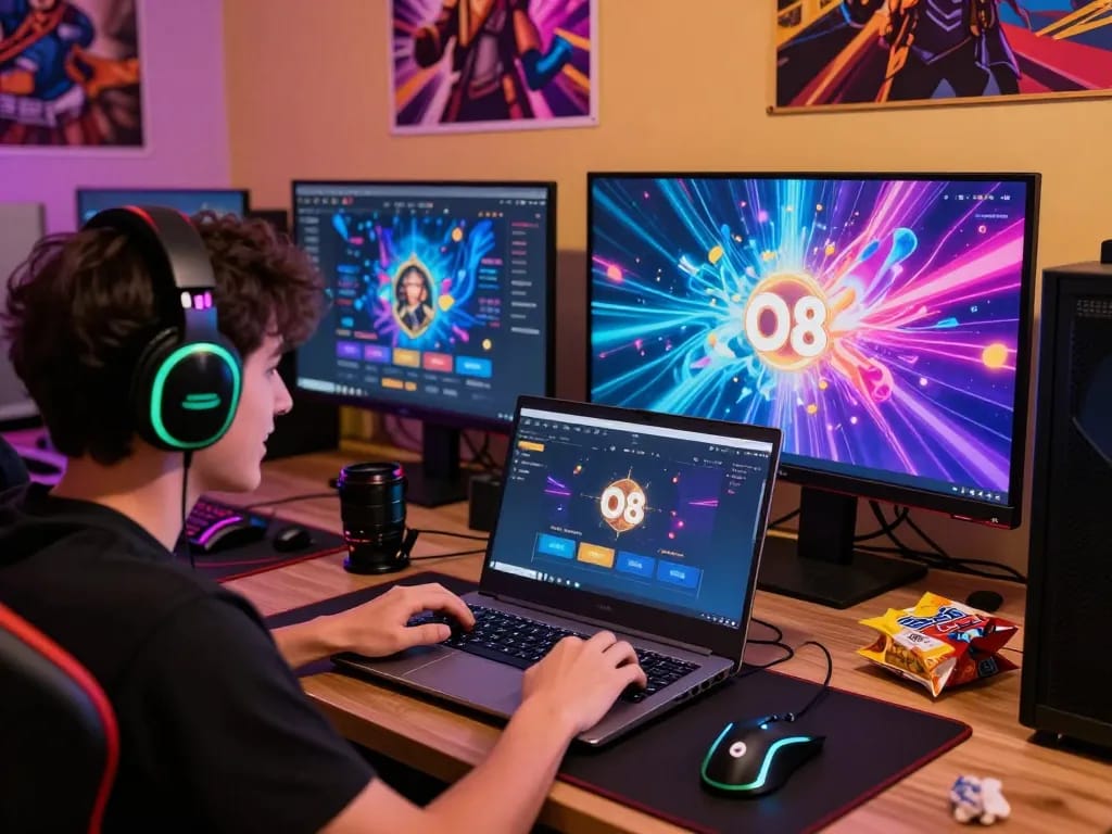 O8 player immersed in online gaming experience with vibrant setup and interactive interface.