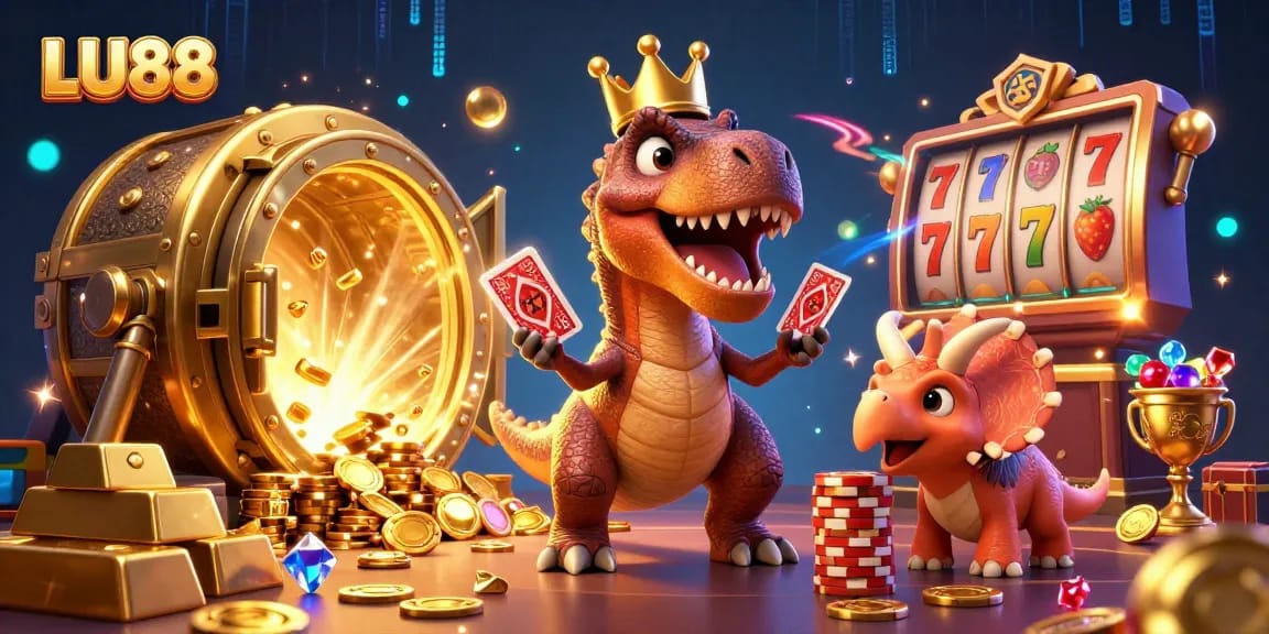 LU88 brings excitement with a 3D cartoon T-Rex shuffling cards amid stunning casino visuals.