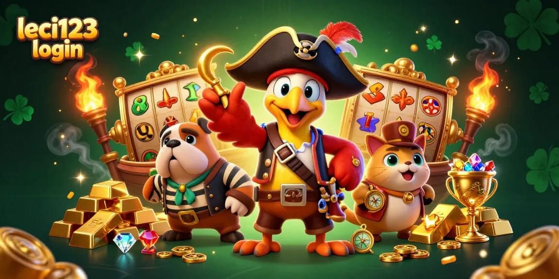 Spin to win with leci123 login: a lively illustration of pirates and treasures in a casino theme.