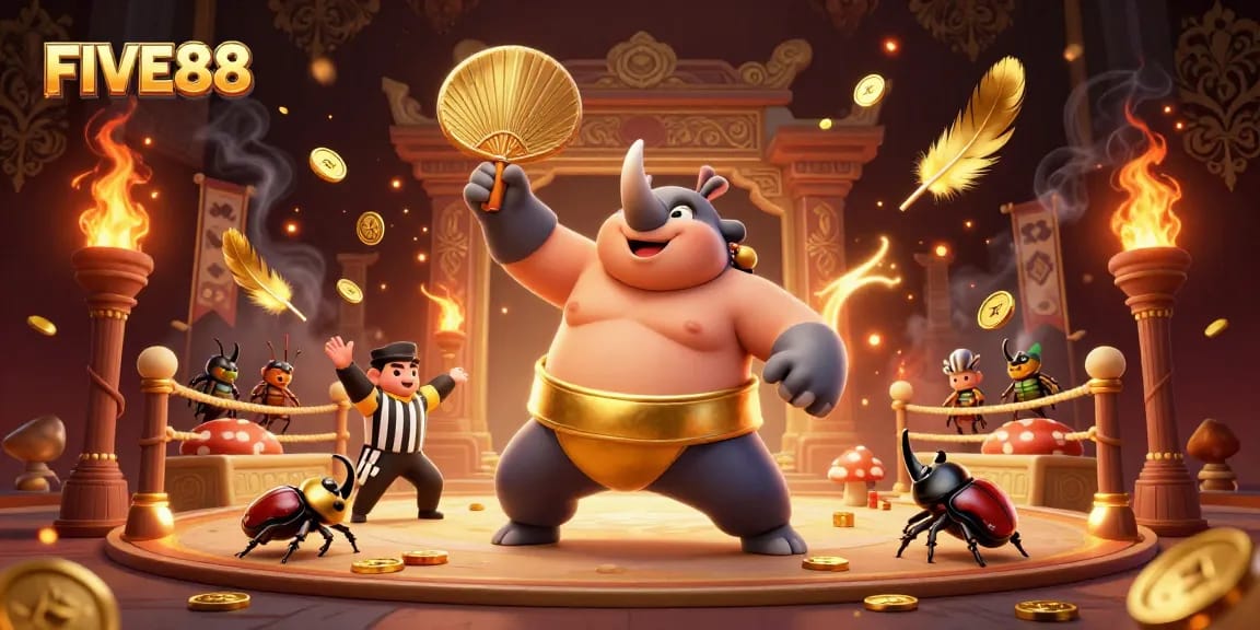 Experience the excitement of FIVE88 as the vibrant champion beetle stomps coins amid a dynamic gambling arena.
