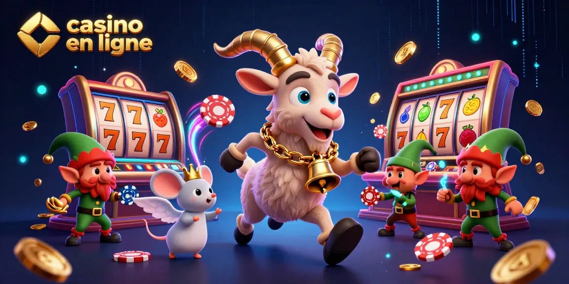 Une scène dynamique de casino en ligne avec Krampus, une souris ange, et des gremlins jouant aux machines à sous