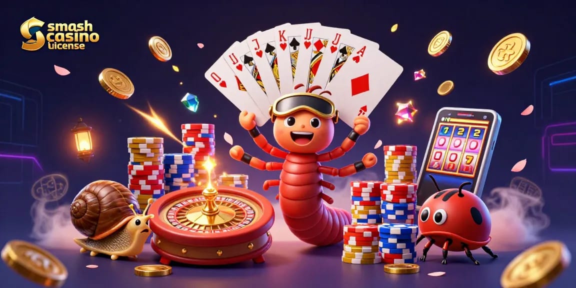 Le millipède croupier de Smash Casino Licence interagit avec des jetons massifs et des cartes gagnantes.