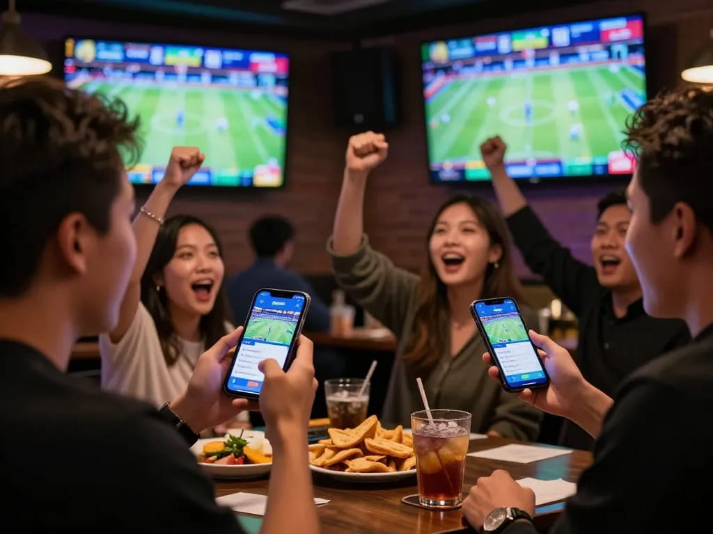 Bong88 users placing bets in a lively sports bar, capturing the excitement of live betting.