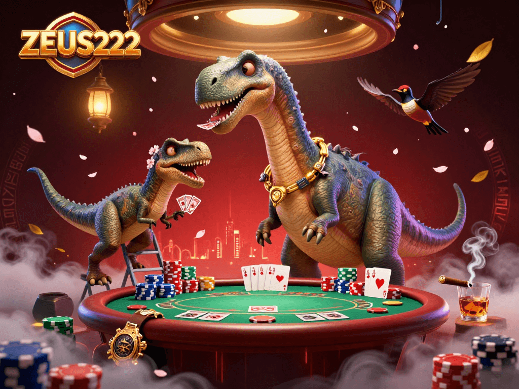 Engage in winning strategies with ZEUS222 as an exquisite brontosaurus watches a clever raptor deal cards at a vibrant poker scene.