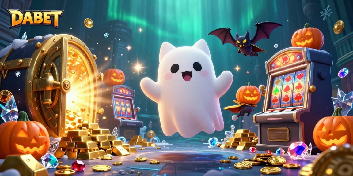 DABET engages in thrilling gaming with a ghost cat and bat companion in a vibrant casino.