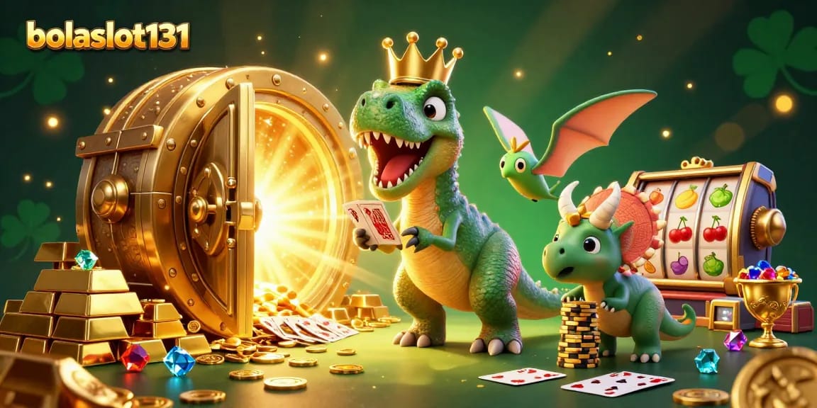 Engaging illustration for bolaslot131 with a T-Rex shuffling cards and a triceratops stacking chips.